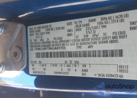 2019 Ford Escape S из США, поврежденный, VIN 1FMCU0F75KUA91733